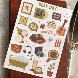 Stickervel rustdag, esthetische stickers voor vakantie, Lazy Night Bullet Journal, Cosy Boho Journal, Cottagecore decoratieve planner, stationair