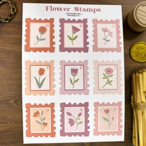 Folha de adesivos de carimbo de flor, selos fofos de cottagecore, diário de bala de flores silvestres de primavera, planejador romântico kawaii fofo, adesivos bujo de verão