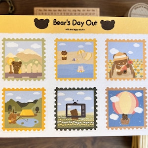 Foglio di adesivi con francobolli per orso, adesivi estetici, diario proiettile da campeggio da viaggio, simpatici adesivi Kawaii Bujo, agenda giornaliera