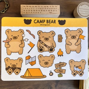 Foglio adesivo simpatico orso, diario proiettile estetico campo, adesivi campeggio, diario Cottagecore, simpatico pianificatore Kawaii, adesivi coreani