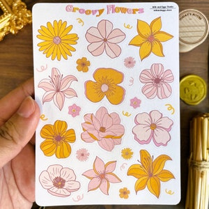 Folha de adesivos de flores groovy, adesivos retrô florais vintage, diário de bala hippie, diário dos anos 60, planejador kawaii dos anos 70, bujo fofo dos anos 80