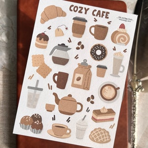 Cozy Cafe Sticker Sheet, Cute Caffeine Planning Stickers, Kawaii Cafe Bullet Journal, Coffee Tea Dessert Barista Bujo Scrapbook Planner