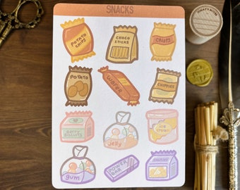 Snacks Sticker Sheet, Food Deco Stickers, Aesthetic Bullet Journal Stickers, Junk Food Journaling, Cute Kawaii Bujo Planner