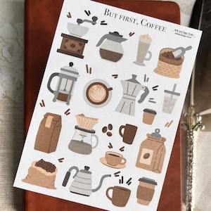 But First, Coffee Sticker Sheet, Cute Caffeine Planning Stickers, Kawaii Cafe Bullet Journal, Cozy Tea Dessert Barista Scrapbook Planner