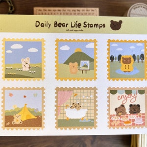 Hoja de pegatinas con sellos de osos, pegatinas de animales tiernos y adorables, pegatinas para Bullet Journal, diario kawaii, correo estético, planificador de cartas coreano