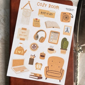 Foglio di adesivi per camere accoglienti, adesivi estetici estivi caldi, diario di proiettili Boho Work from Home, agenda decorativa Cottagecore