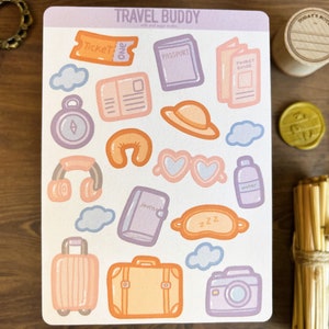 Travel Buddy Sticker Sheet, World Deco Bullet Journal Stickers, Cute Pastel Kawaii Trip Planner Stickers, Journaling, Traveller Bujo