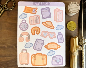 Travel Buddy Sticker Sheet, World Deco Bullet Journal Stickers, Cute Pastel Kawaii Trip Planner Stickers, Journaling, Traveller Bujo