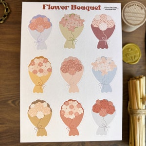 Hoja de pegatinas de ramo de flores, pegatinas de amor, Bullet Journal de San Valentín, diario kawaii, planificador romántico y lindo, Bujo de estética floral