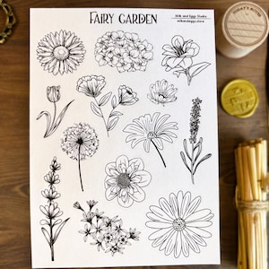 Feuille d'autocollants jardin féerique, Bullet Journal, fleurs Boho Bujo, agenda Cottagecore Faecore, papeterie florale vintage Fairycore