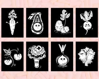 High Contrast Baby Flashcards | Montessori Infant Flash Cards | Black and White Vegetables Cards
