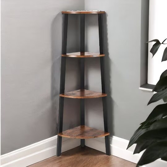 Industrial 4 Tier Wooden Corner Shelf Bookcase Ladder Ornament Shelves