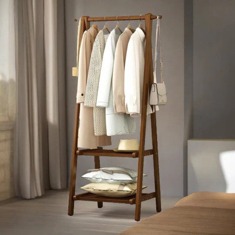 Dark Wooden Bamboo Foldable Garment Rack Hanger Clothes Rail Etsy UK