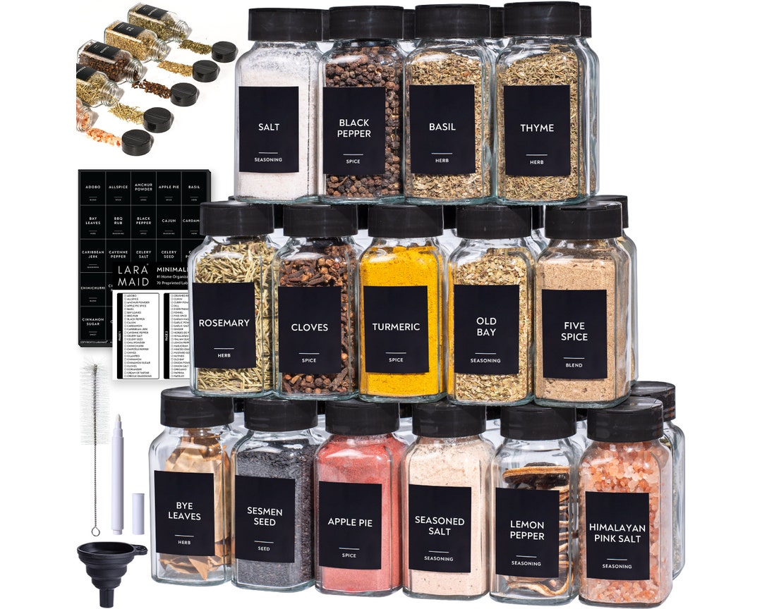 6oz Spice Jars With Black Spice Labels, Shaker Lids Dispenser With