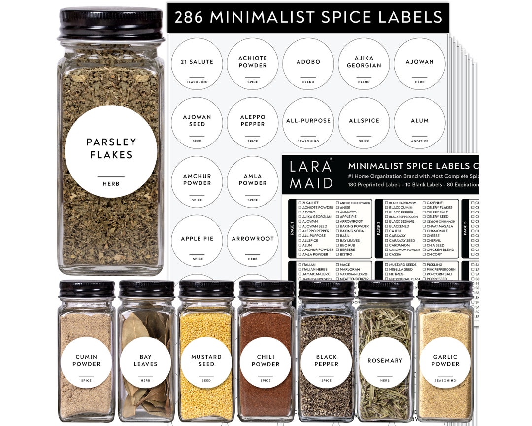 286 Minimalist Square Spice Label Set, Black Text on White Vinyl Waterproof  Label Sticker with Removable Adhesive - Fits on Round, Square and