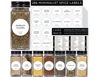 286 Minimalist Spice Label Set, Black Text on White Vinyl Waterproof Label Sticker with Removable Adhesive