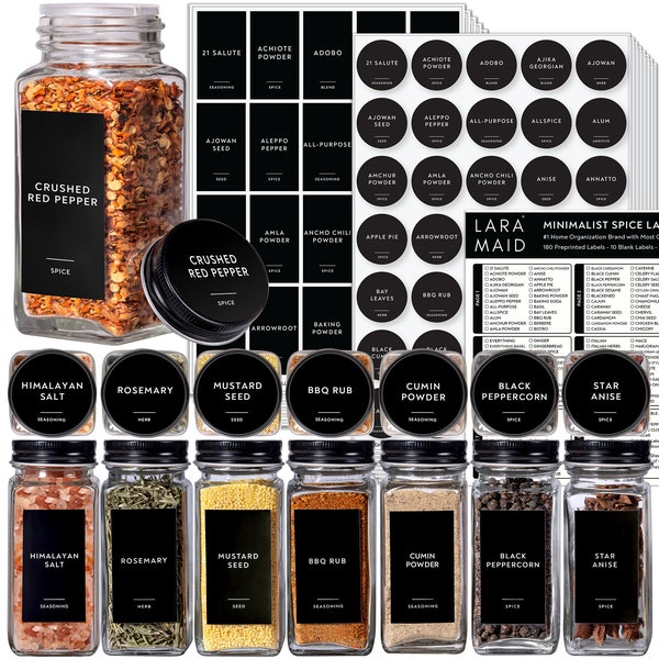 459 Minimalist Spice Label Set, White Text on Black Vinyl Waterproof Label Sticker with Removable Adhesive