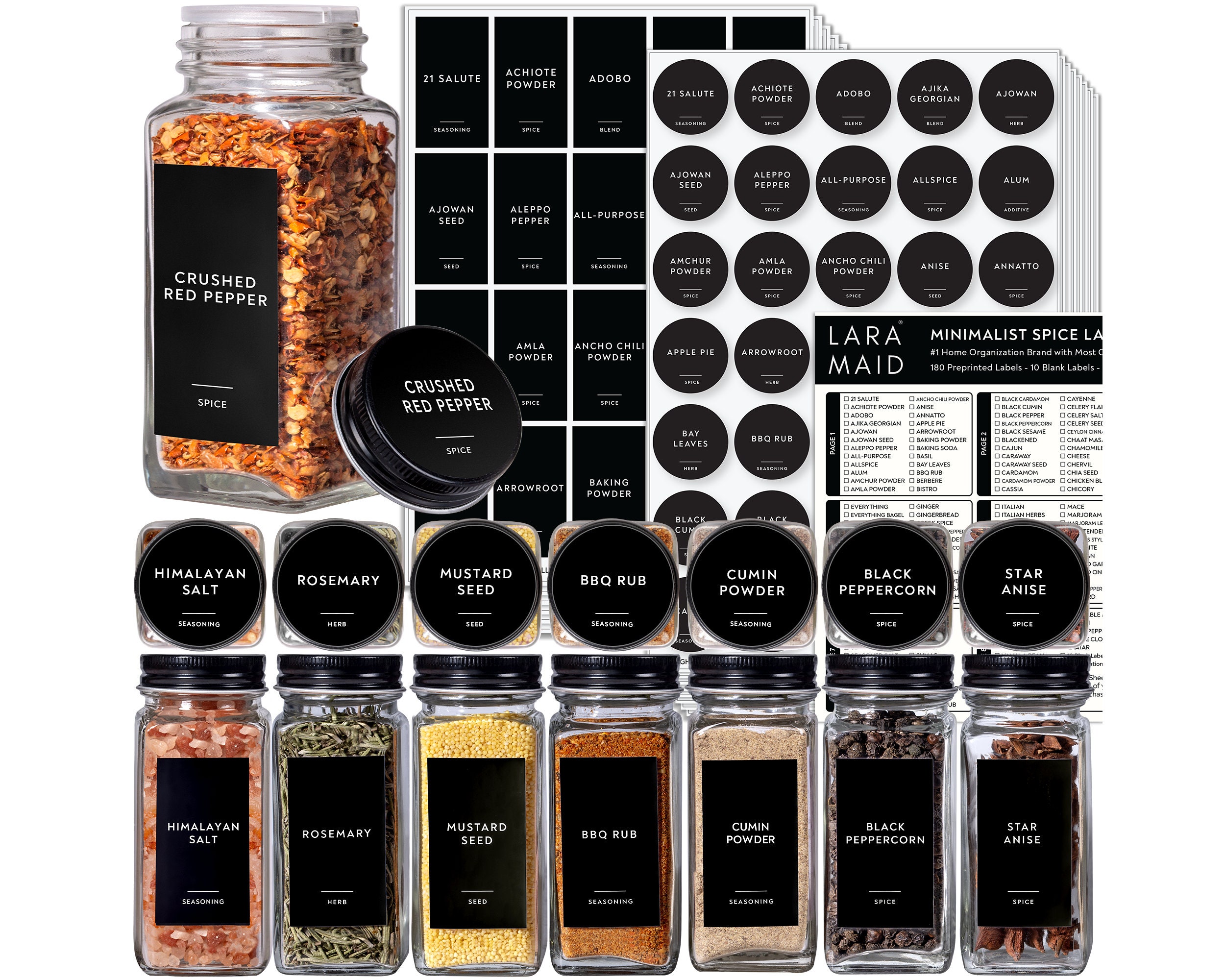 160 Spice Jar Labels: Printed Minimalist Black Matte Vinyl Spice Labels.  Quality Waterproof & Removable Stickers. Modern Pantry Organization 