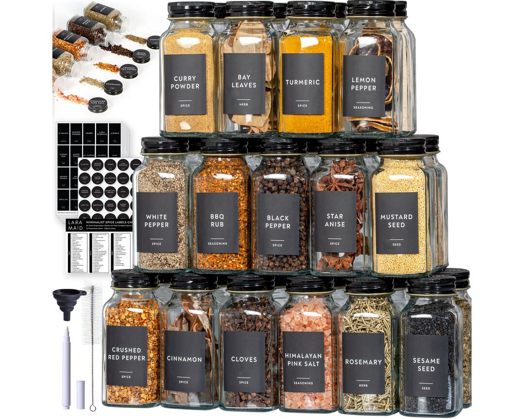 6oz Spice Jars With Black Spice Labels, Shaker Lids Dispenser With
