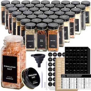 4oz Spice Jars with Black Spice Labels, Shaker Lids Dispenser with Airtight Black Metal Caps, Cleaning Brush and Collapsible Funnel
