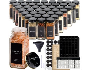 4oz Spice Jars with Black Spice Labels, Shaker Lids Dispenser with Airtight Black Metal Caps, Cleaning Brush and Collapsible Funnel