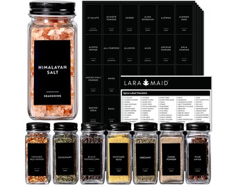 294 Minimalist Spice Label Set, White Text on Black Vinyl Waterproof Label Sticker with Removable Adhesive