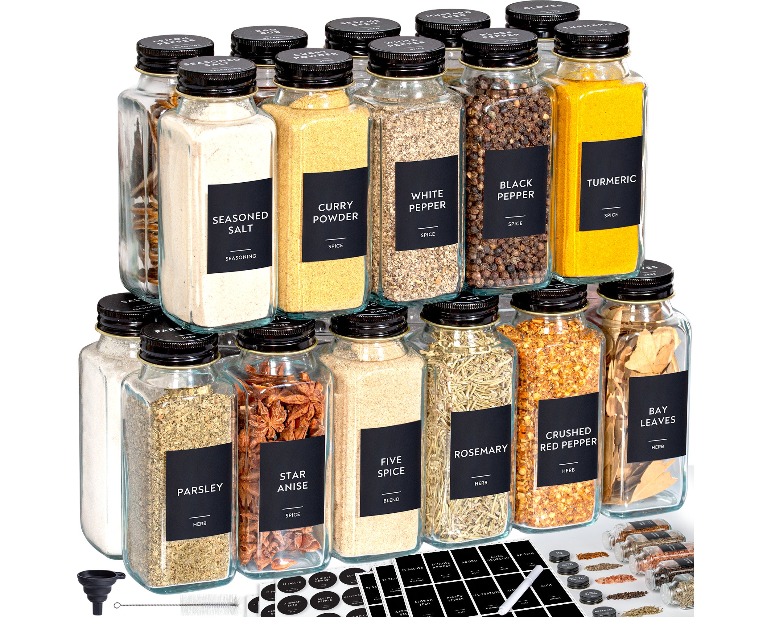 8oz Spice Jars With Black Spice Labels Shaker Lids Dispenser With Airtight Black Metal Caps Cleaning Brush and Collapsible Funnel Etsy