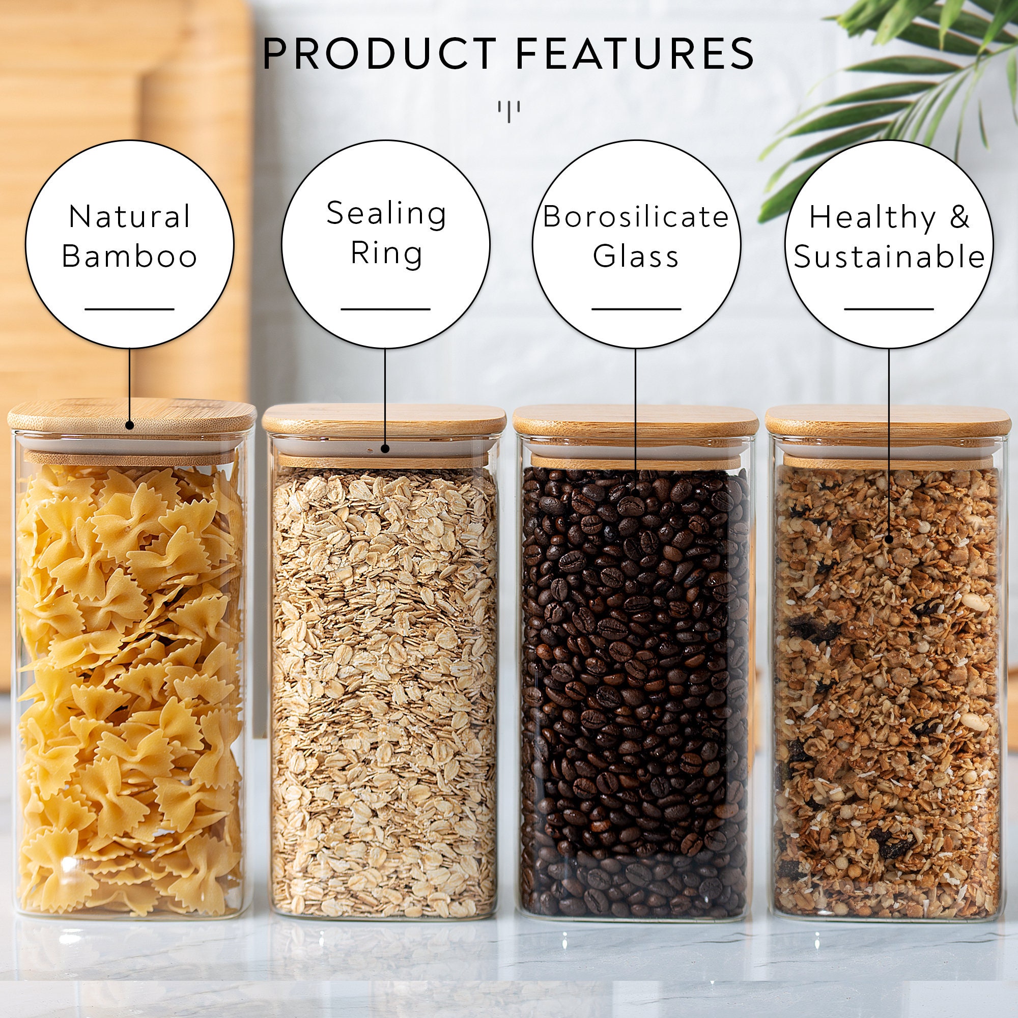 Square Glass Jars with Bamboo Lids, 6 pack of 24oz including 64 pantry  stickers, Glass Food Storage Canisters with Square Bamboo Lid, Glass Pantry