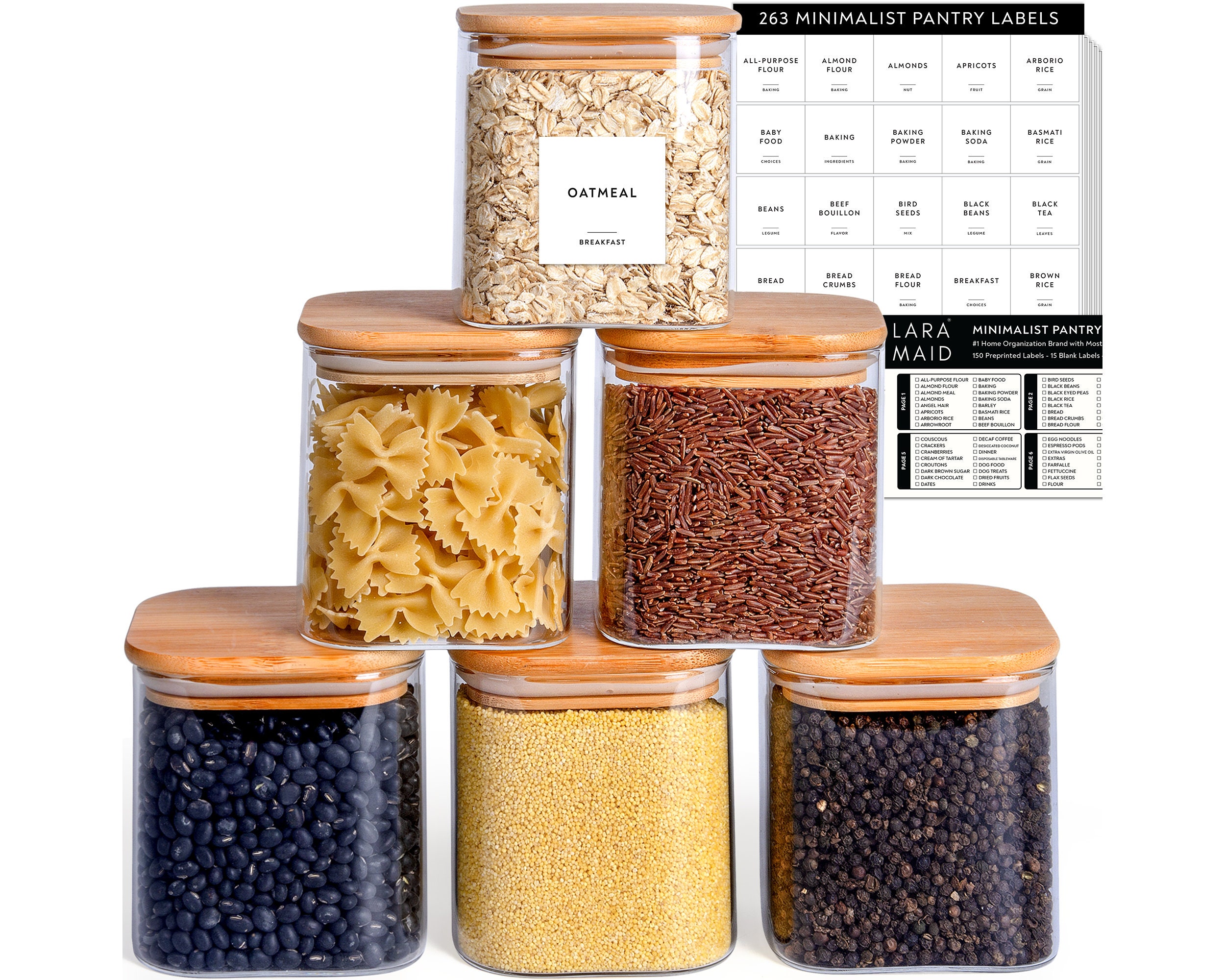 Square Glass Jars with Bamboo Lids, 6 pack of 24oz including 64 pantry  stickers, Glass Food Storage Canisters with Square Bamboo Lid, Glass Pantry