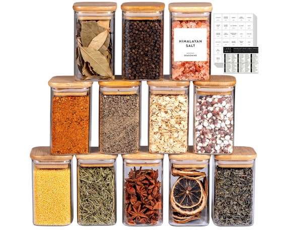 12pack Glass Jars Set With Minimalist Spice Labels, Square Spice