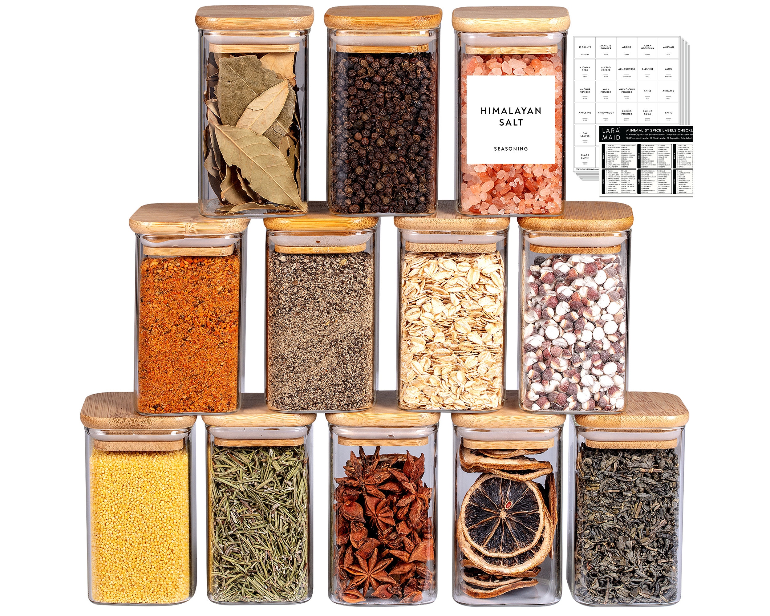 12Pack Square Spice Jars with Natural Acacia Lids and Bamboo Spice Rac