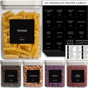 351 Minimalist X-Large Pantry Label Set, White Text on Black Vinyl Waterproof Label Sticker with Removable Adhesive