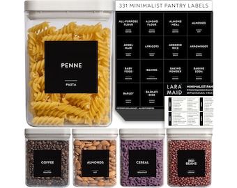 351 Minimalist X-Large Pantry Label Set, White Text on Black Vinyl Waterproof Label Sticker with Removable Adhesive