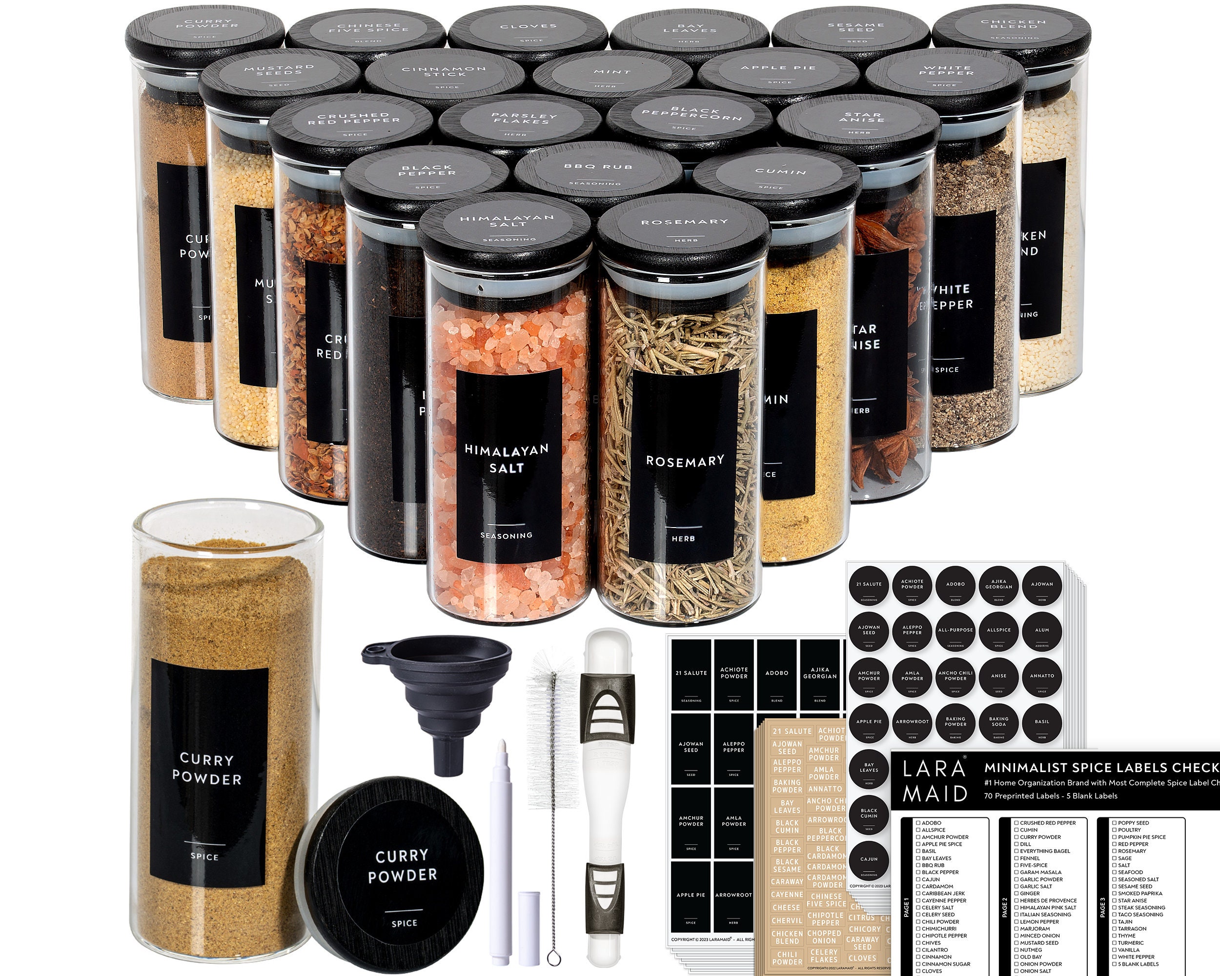 Laramaid 2.5oz 20Packs Glass Jars Set, Cylinder Spice Jars with Bamboo Lids  and Customized Labels, Food Storage Container Canisters for Home Kitchen