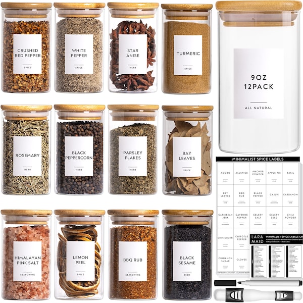 12Pack Glass Jars Set with Minimalist Spice Labels, Round Spice Jars with Bamboo Lids and White Labels, Food Storage Containers