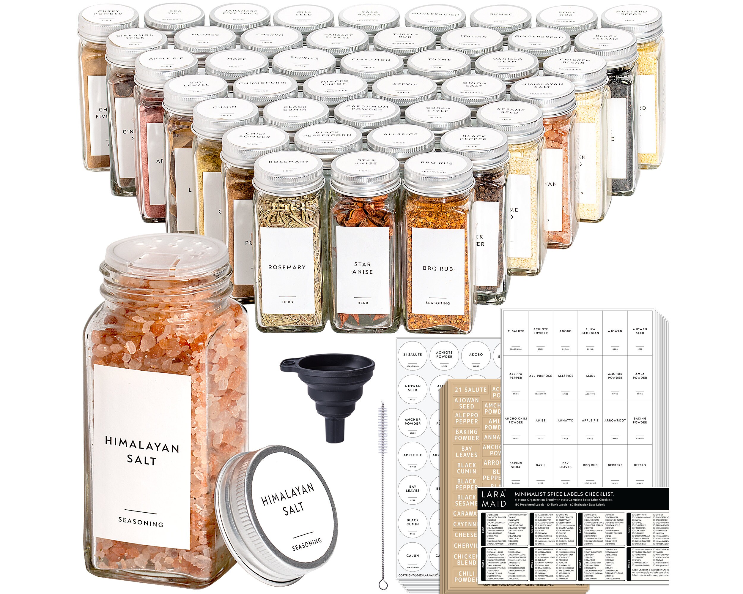 SWOMMOLY 36 Glass Spice Jars with 396 Spice Labels, Chalk Marker and Funnel  Complete Set. 36