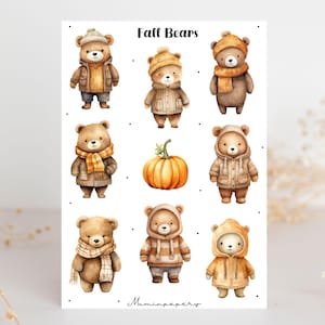 Könnte beinhalten: Ein Bogen mit Aquarellillustrationen von Bären in Herbstoutfits. Die Bären tragen Mäntel, Hüte und Schals in Braun-, Beige- und Orangetönen. Ein Kürbis ist ebenfalls enthalten. Der Text "Fall Bears" steht oben.