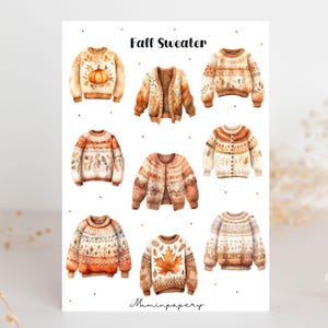 Könnte beinhalten: Aquarellillustration von neun Herbstpullovern in Orange-, Braun- und Cremetönen. Die Pullover zeigen verschiedene herbstliche Designs, darunter Kürbisse, Blätter und geometrische Muster. Der Text "Fall Sweater" steht oben.