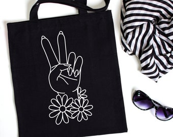 Peace Sign Reusable Canvas Tote Bag - Black