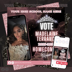 Homecoming Queen Flyer Template, Editable HOCO Queen Poster, Vote for Me Social Media Post, Printable Flyer Template for Canva,