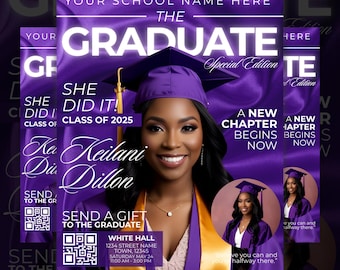 May include: Purple and gold graduation announcement with a photo of a graduate wearing a purple cap and gown. The text reads "The Graduate, Special Edition, She Did It! Class of 2025, A New Chapter Begins Now, Send a Gift to the Graduate, White Hall, 1234 Street Name, Town, 12345, Saturday May 24, 11:00 AM - 3:00 PM".