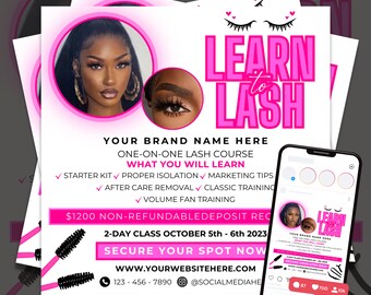 Könnte beinhalten: Ein rosa und weißer Flyer, der einen Wimpernkurs bewirbt. Der Flyer zeigt eine Frau mit langen Wimpern und den Text "LEARN to LASH". Der Flyer enthält auch Informationen über den Kurs, einschließlich Preis, Daten und Anmeldemöglichkeiten.