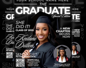 May include: A black and white graduation announcement with a photo of a woman in a cap and gown. The text reads "The Graduate, Special Edition" and "A New Chapter Begins Now".