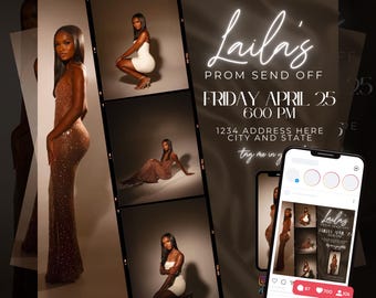 May include: A digital invitation for a prom send-off party for Laila. The invitation features a photo collage of Laila in different poses, with the text "Laila's Prom Send Off" and "Friday April 25, 6:00 PM" in a neon-like font. The invitation also includes the address and a request to tag Laila in social media posts.