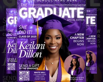 May include: Purple and gold graduation announcement with a photo of a graduate wearing a purple cap and gown. The text reads "You the Graduate" and "She Did It! Class of 2025".