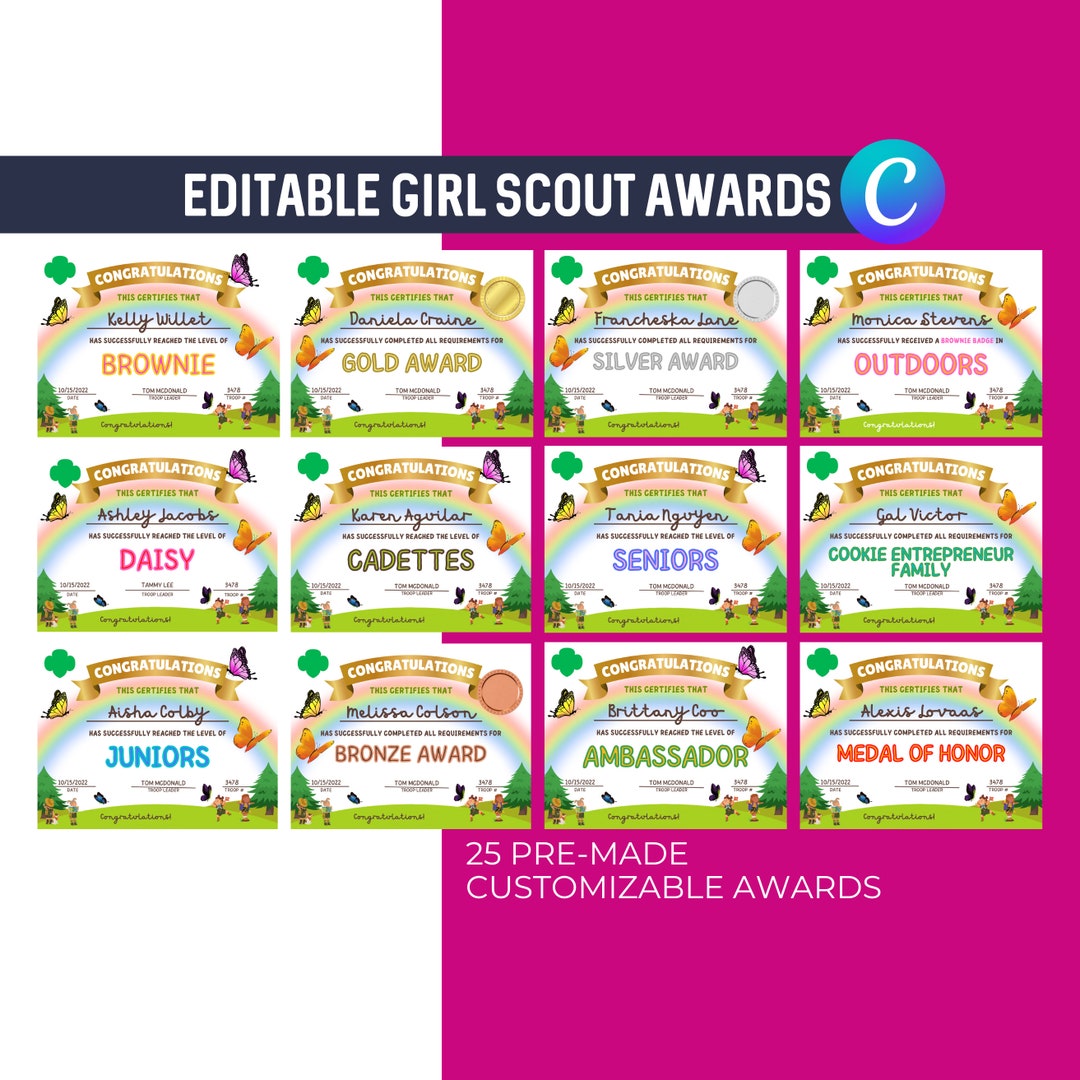 Girl Scout Rank Achievement Editable Certificate Award Bundle Etsy