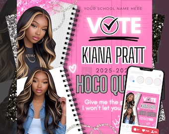 May include: A pink notebook with the text "VOTE KIANA PRATT HOCO QUEEN" and a photo of a woman with long hair. The notebook is spiral-bound and includes the years 2025-2026. A smartphone displays the notebook design on a social media app.