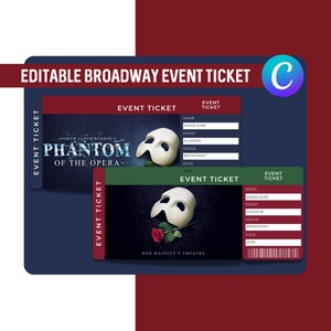 Bearbeitbares Theater Event Ticket Phantom der Oper Broadway Printable Ticket Vorlage Überraschungseinladung Theaterkarten Musikveranstaltung