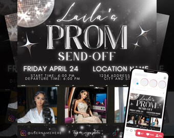 May include: A black and white digital invitation for a prom send-off party. The invitation features a silver glitter background with a disco ball and stars. The text "Laila's Prom Send-Off" is in a silver glitter font. The date and time of the event are listed below the text. The location name and address are listed below the date and time.