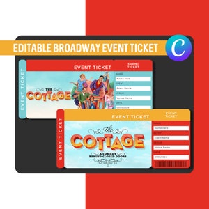 Może przedstawiać: Edytowalny szablon biletu na wydarzenie na Broadwayu w czerwono-żółtej kolorystyce. Bilet zawiera kreskówkową ilustrację grupy ludzi przed domkiem. Tekst "The Cottage" jest w stylizowanym kroju pisma. Bilet zawiera pola na imię i nazwisko, wydarzenie, miejsce i datę.